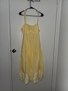 Trixxi Yellow Tiered Maxi Dress with Floral Hem Embroidery
